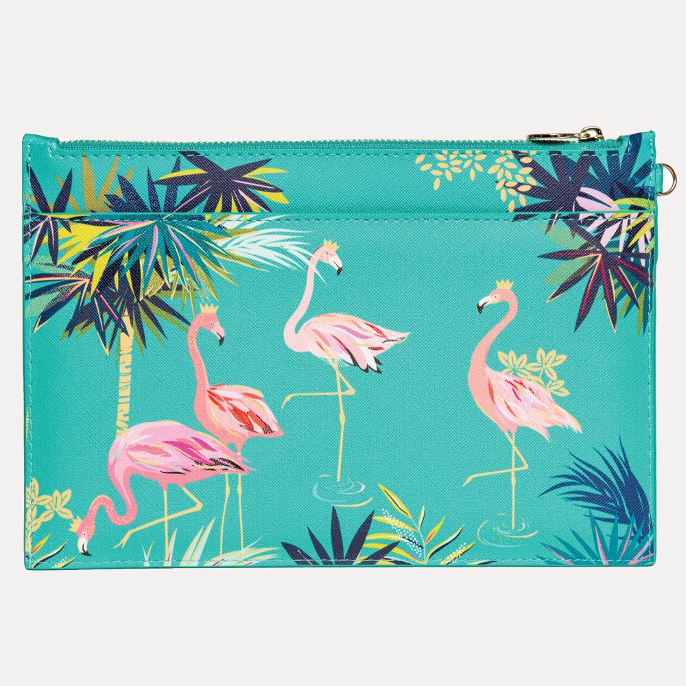 Green Flamingo Print Zip Pouch By Sara Miller